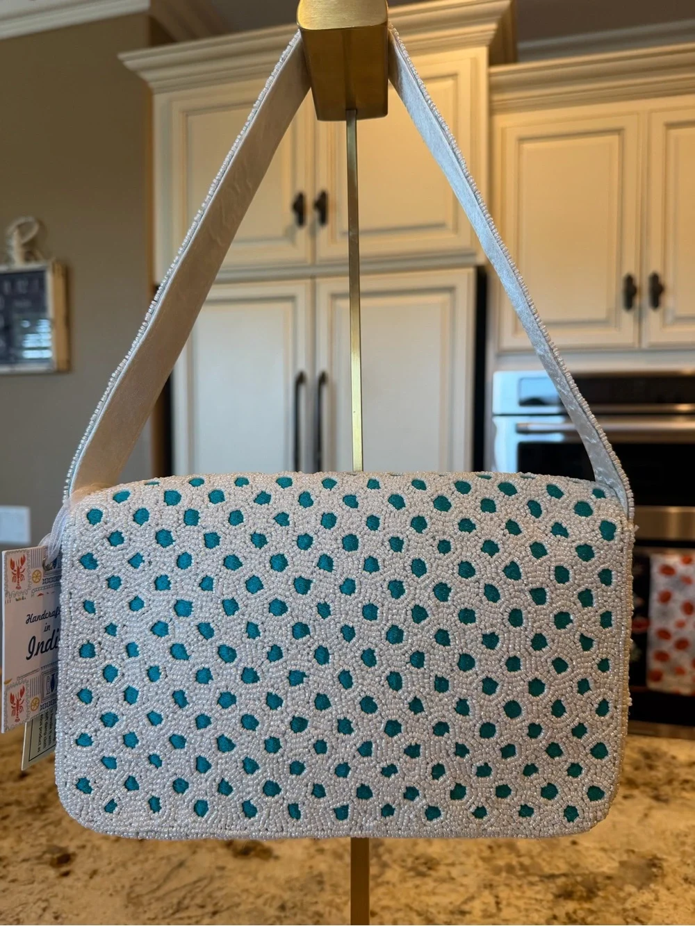 Handcrafted in India Beaded Shell Motif Shoulder Bag in White and Teal